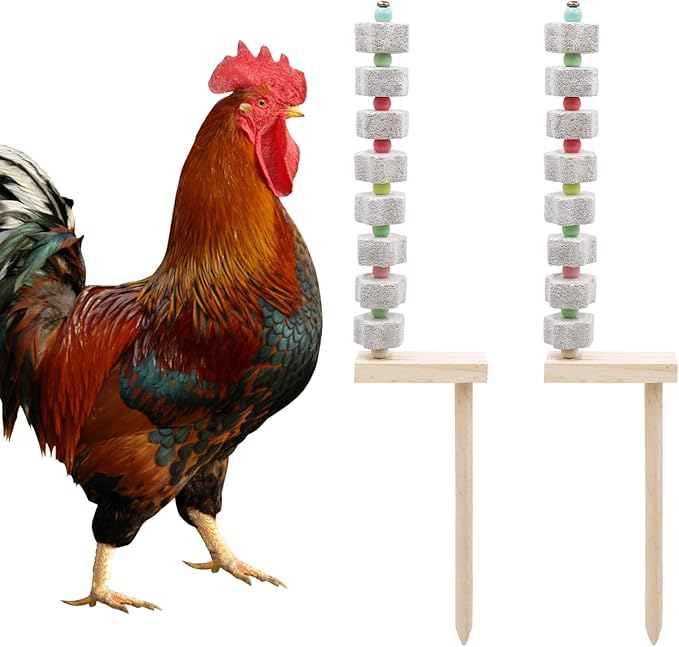 2 Pack Chicken Toys - Chicken Coop Accessories with Calcium Stone & Wood Stake - Enrichment Toys for Hens, Ducks, Geese, Turkeys, Poultry