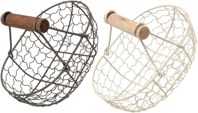 2pcs Vintage Metal Mesh Storage Baskets with Wooden Handles, Multi-function Fruit and Egg Organizer for Kitchen Counter and Harvesting, Farmhouse Style Wire Basket Set