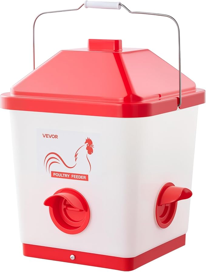 VEVOR Automatic Chicken Feeder, 40 Pounds Capacity, Large Gravity Hanging Poultry Feeder Dispenser with Handle, No Waste Rainproof Design, 3 Feeding Ports, Inside or Outside Hen Coop, for Chickens