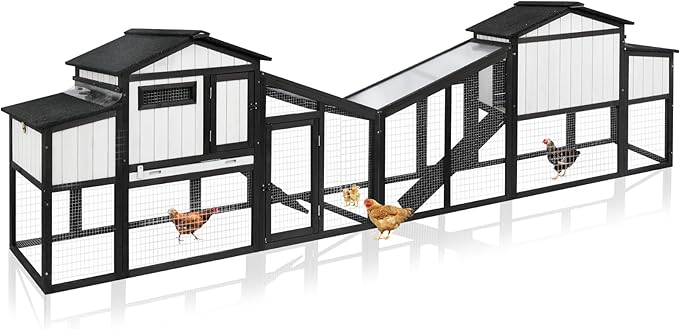 130.6" L Large Chicken Coop and Run, Wooden Hen House for 2-4 Chickens, 2 Story Poultry Cage with Nesting Box, Pull-Out Tray, 4 Perches, Ramp, Indoor/Outdoor Pet Hutch Backyard Use, Black