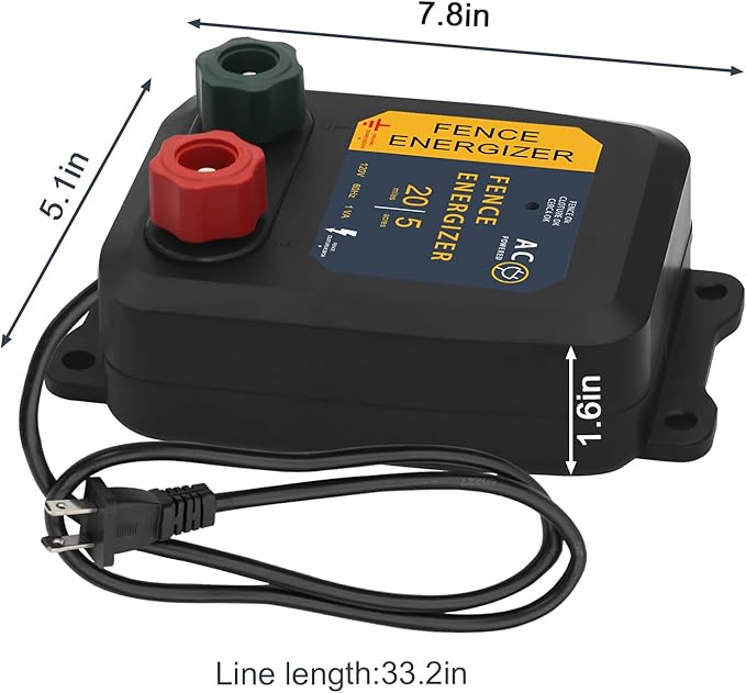 Electric Fence Energizer 5 Miles/ 20 Acres AC Powered 120 Volt, Plug-in Electric Fence Charger Output 0.2 Joule for Preventing Raccoons, Livestock, Squirrels, Chicken Coops, Skunks intruding