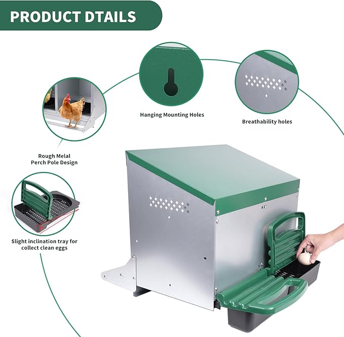 Chicken Nesting Box, 2 Holes Nesting Boxes, Heavy Duty Metal Laying Boxes, Roll Away Nesting Box Egg Collection Tray, with Roosting Pole for Chicken Coop(Green)