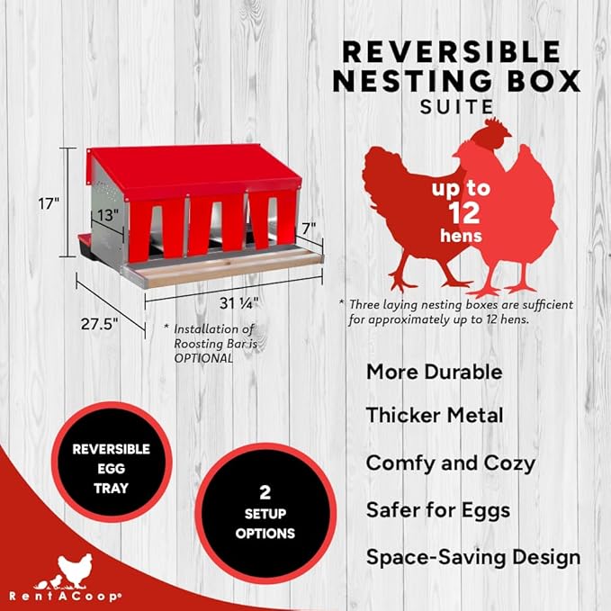 RentACoop Roll-Out Reversible Nesting Box Suite (3 Compartment) for Chickens, Ducks, Poultry