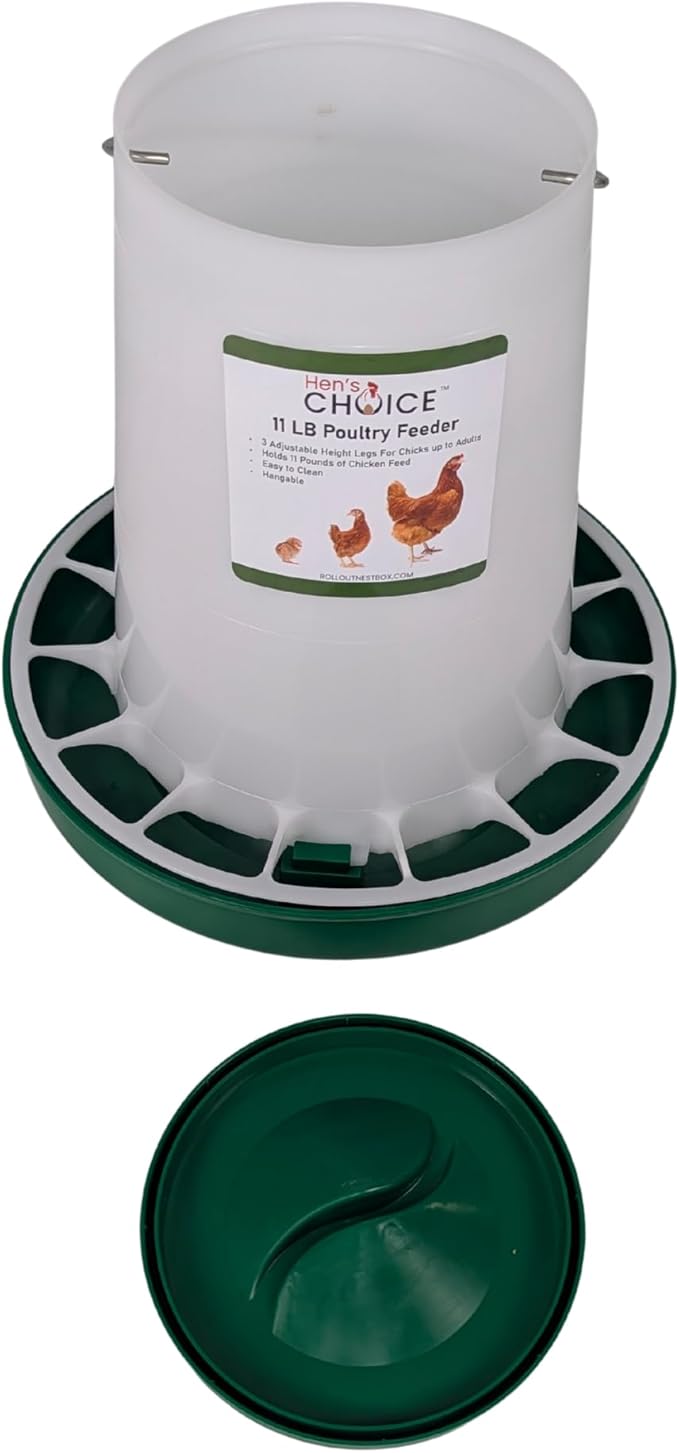 Hen's Choice 11 LB Poultry Feeder, Twist Lock Base, Adjustable Legs, Hangable with Lid (Green)