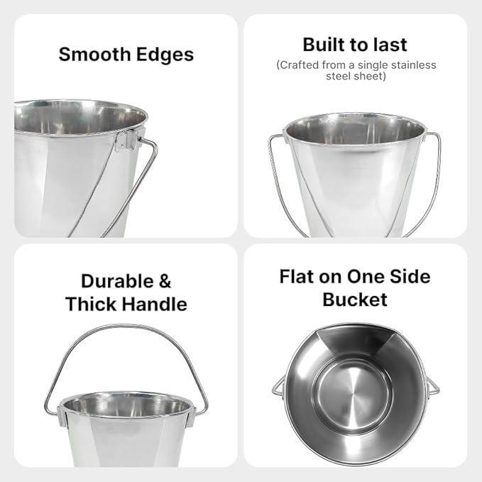 Heavy Duty Stainless Steel Bucket 1 Gallon - 4 Quart Flat Side Metal Bucket for Feeding & Watering Pets, Livestock & Cleaning - Perfect for Crates, Kennels, Cages & Hang on Fences