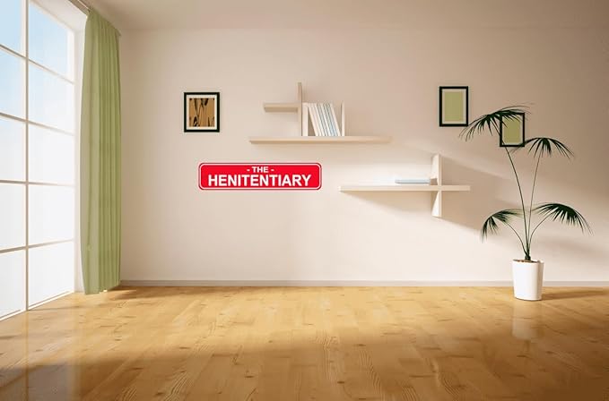 The Henitentiary Sign Chicken Coop Rustic Metal Street Sign or Door Name Plate Plaque Home Patio Garden Bar Farm House Garage Wall Decor Red Tin Signs 16 X 4 Inch