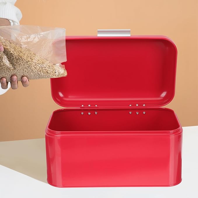 Retro Metal Bread Box for Kitchen Countertop Storage, Iron Grain Container with Lid, Red Vintage Bread Bin for Pantry Organization and Home Use