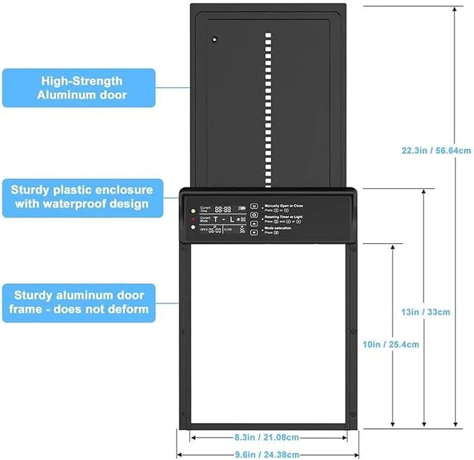 Waterproof Aluminum Alloy Solar Chicken House Door, Automatic Chicken Door with Timer, Anti-Pinch Weather Proof, Light Sensor