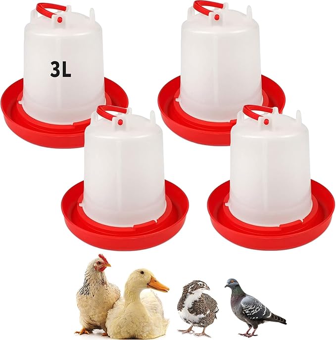 4 Pack 3L Gravity-Fed Chicken Waterer – Hanging Poultry Drinker Kit | No-Spill Water Dispenser for Chickens, Ducks, Quail, Pigeons, Brooder and Coop Use