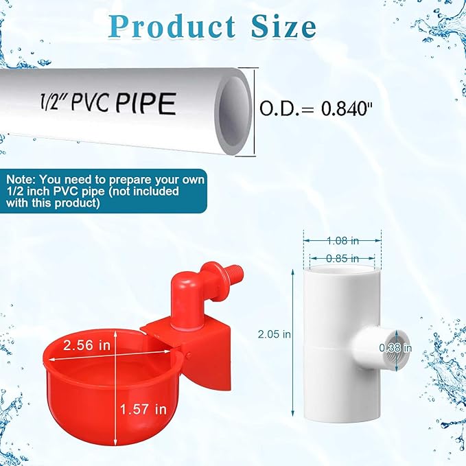 Complete Set Pipeline Automatic Poultry Nipple Waterer, 1/2" PVC Tee Fittings and Other Parts for Chicken, Turkey, Duck, Pigeon, Quail Feeding and Watering