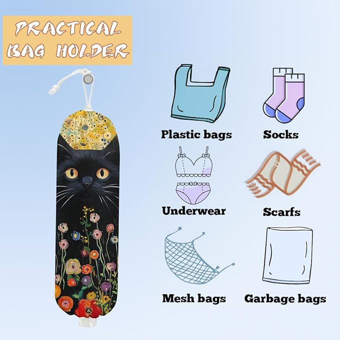 Cat Plastic Bag Holder, Wall Mount Grocery Bag Holder for Plastic Storage bag, Floral Storage Organizer Reusable Grocery Bags, Pull Rope Free Adjustment, Cat Lover Gifts for Women Mom Sister