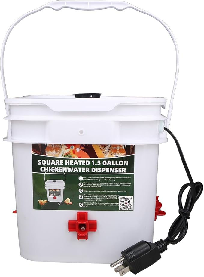 1.5 Gallon Heated Square Chicken Water Bucket, Hanging Chicken Winter Thawing Heater, Suitable for Chickens, Pigeons, Quails, and Other Large Animals 1Pcs.