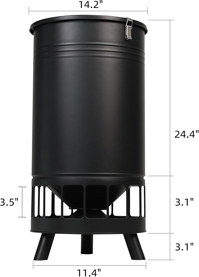 Solution4Patio 65 LB Large Free Standing Chicken Feeding Barrel, Portable Gravity Chicken Feeder Automatic, Dispenser, 16 Feeding Ports Poultry Feeder, Hen Coop (Black)