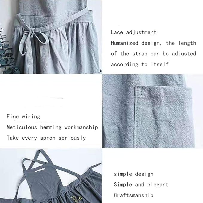 Cotton and linen Kitchen Cooking Aprons Dress for Women with Pockets Cute for Baking Painting Gardening Cleaning