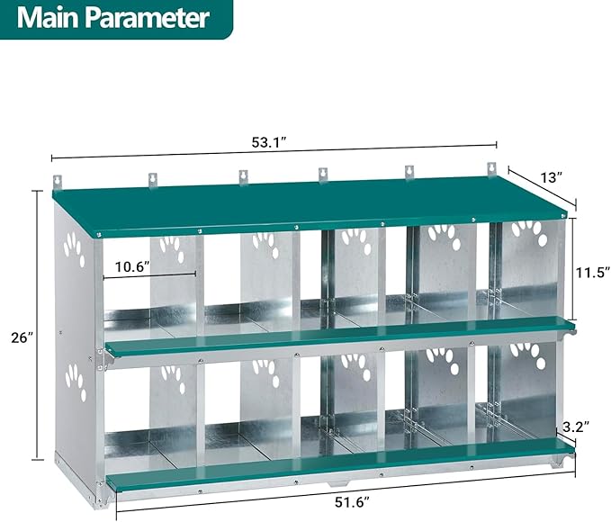Chicken Nesting Box, 10 Compartment Nesting Box, 10 Room Metal Nesting Boxes for Chicken, Green
