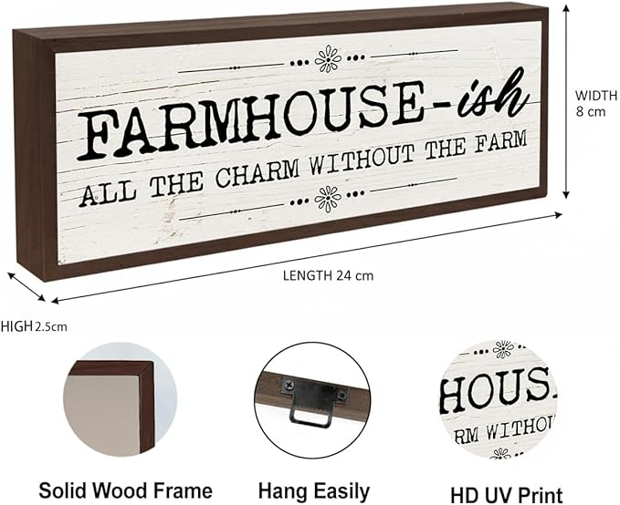 Country Style Wood Decor, Farmhouse-ish Sign, Framed Wooden Wall Plaque, Rustic Home Decor for Living Room Kitchen, All the Charm without the Farm Sign 9.5x3.1x1 inches