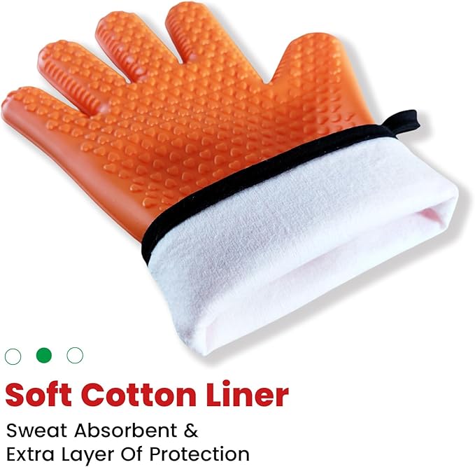 Silicone BBQ Cooking Gloves with Meat Smoker Guide，Heat Resistant Oven Mitts with Fingers，Long Protective Cotton Lined Barbecue Grilling Gloves 1 Pair for Kitchen, Cooking, and Baking Gifts (Orange)
