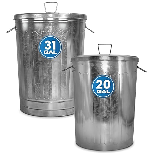 Plexon 31 Gallon Metal Trash Can and 20 Gallon Metal Trash Can with Lids Outdoor Garbage Cans Heavy Duty Galvanized Buckets with Lids for Garage Workshop Ash Storage Farmhouse, Bundle