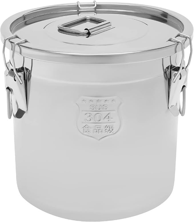 DYNAMI 5.5Gal 304 Stainless Steel Airtight Container with Lid and Locking Clamp,17-38Lbs Metal Bucket Stainless Steel Drum Large Canister for Kitchen,Dog Food/Bird Seed/Coffee Storage Container(21L)