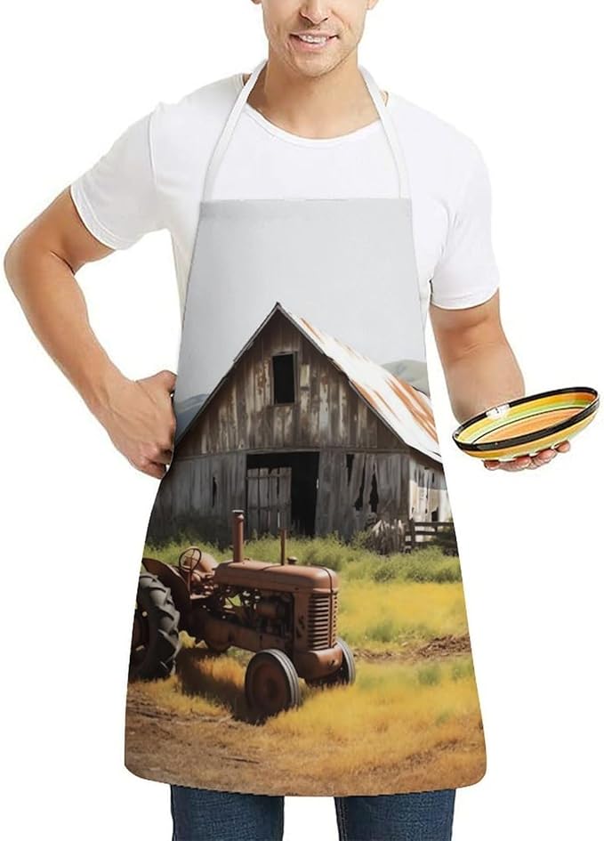 Old Wooden Barn Tractor Apron For Men Women, Adjustable Kitchen Aprons Adult Size Chef Bib Apron For Cooking Grilling Painting Gardening