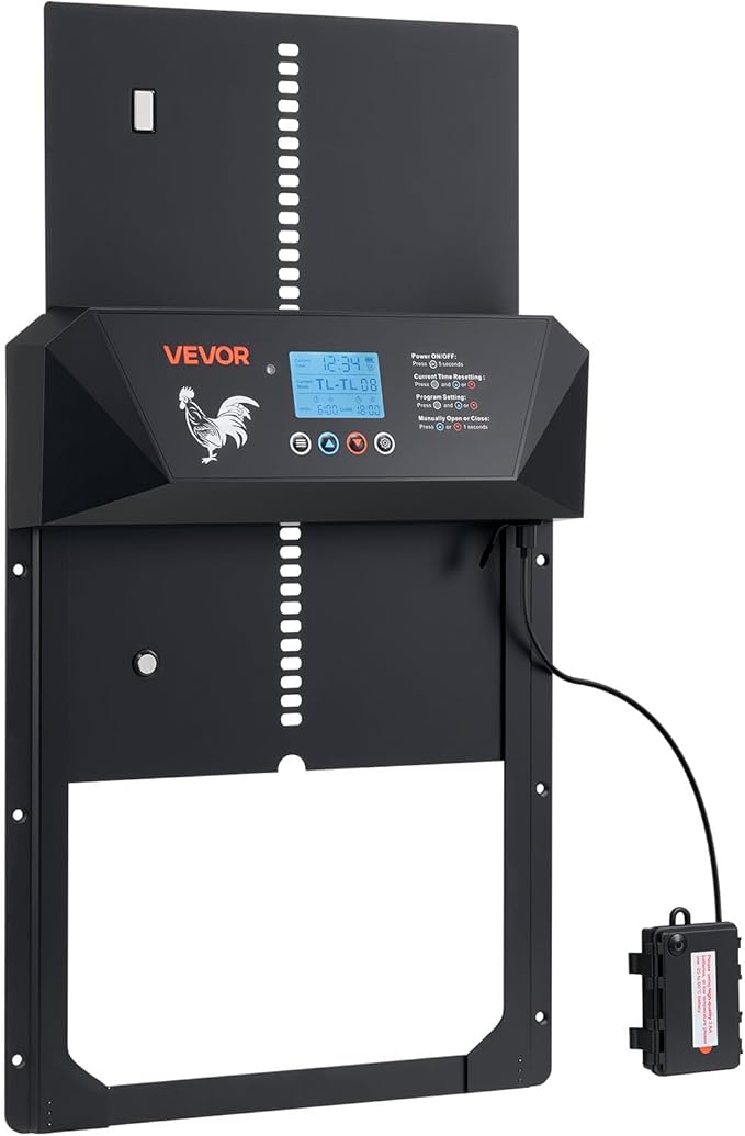 VEVOR Automatic Chicken Coop Door, DC & Battery Powered Chicken Door with LCD Display, Light Sensor, Timer & Manual Setting, Anti-Pinch Security, Durable Aluminum Alloy, Chick Run Gate Opener for Farm