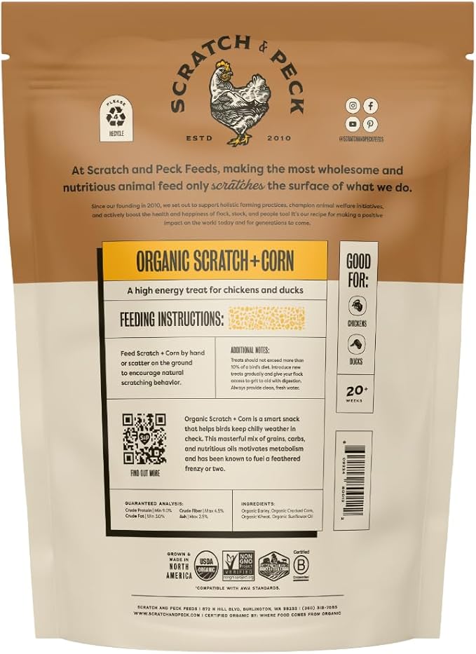 Scratch and Peck Whole Grain Scratch + Corn Chicken and Duck Supplemental Grain - 10 lbs Bag - Soy-Free - 9% Protein, Certified Organic and Non-GMO Project Verified Chicken Food