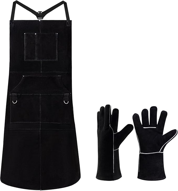 eletecpro Heavy Duty Leather Welding Apron Genuine Cowhide Flame & Heat Resistant Adjustable 42Lx24W with 6 Tool Pockets and Gloves for Mechanic, BBQ, Woodworking, Gardening, Men & Women Gift, Black