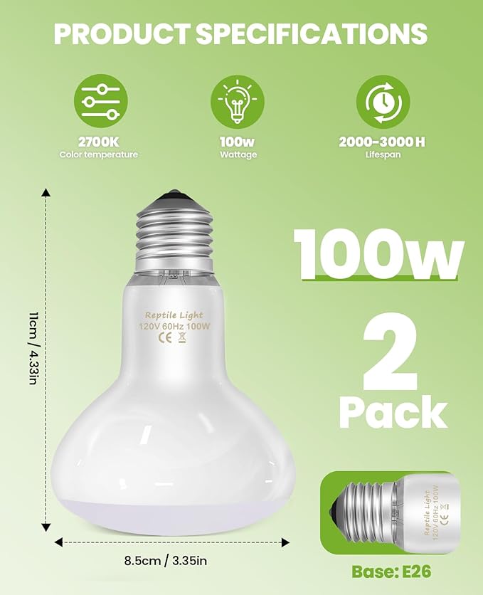 KINDEEP Reptile Basking Light Bulb: 100W Reptile Heat Lamp 2 Pack UVA Daylight Basking Bulb for Amphibian Bearded Dragon Lizard Tortoise Turtle Snake Chicken Pets Heating