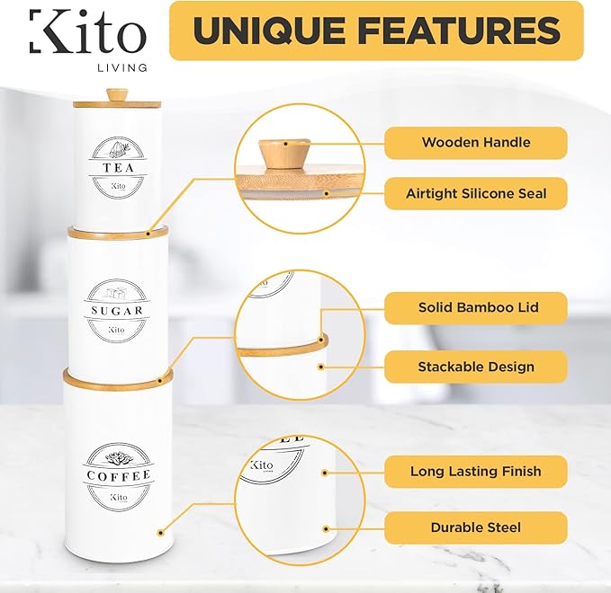 Canisters Sets for Kitchen Counter Storage and Organization with Wooden Bamboo Lids, Food Pantry Containers, Stackable Steel Storage Bins, Airtight Sugar Tea Coffee Canisters - White