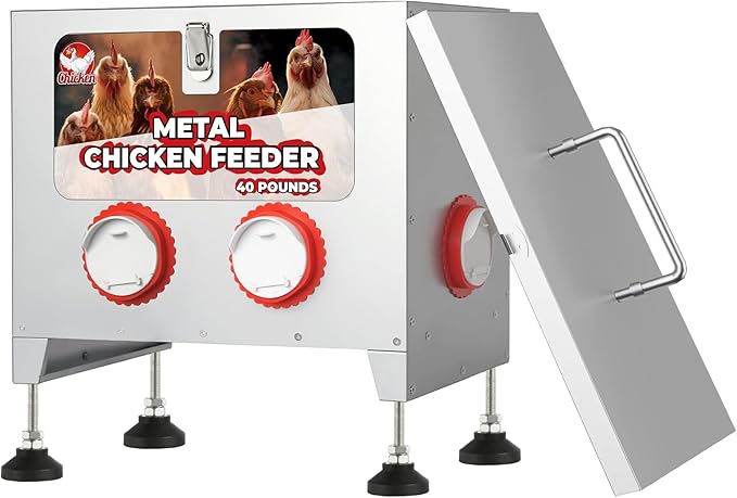 40 lbs 6 Port Galvanized Chicken Feeder with Adjustable Height,Locking Lid&Riveted Handles,Large Capacity Rainproof Automatic Chicken Feeders Silver