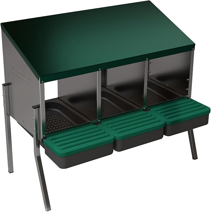Hatching Time EggHouse Galvanized 3 Bay Nesting Box with Triple Roll Away Egg Collection Trays and Metal Legs, Freestanding Chicken Coop Hen Laying System for Farm Flocks, Up to 30 Hens