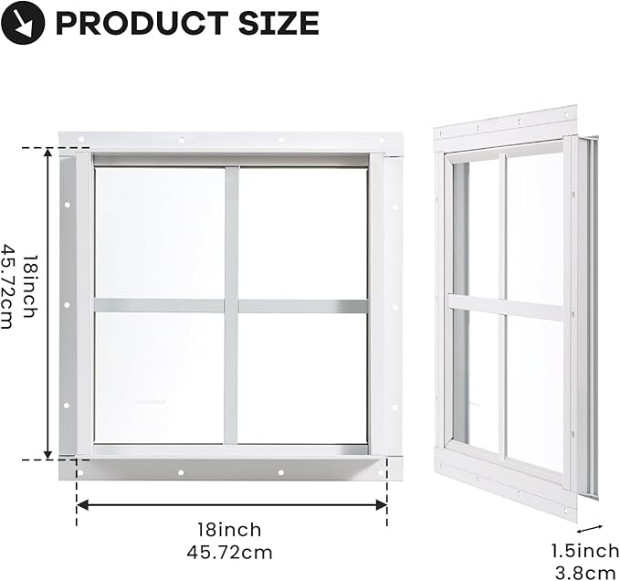 Shed Windows 2 Pack, Chicken Coop Windows 18" x 18" Fixed Transom Window with Tempered Glass, Square Gable Flush Mounted Small Window for Shed, Playhouse, Household, Garage (White)