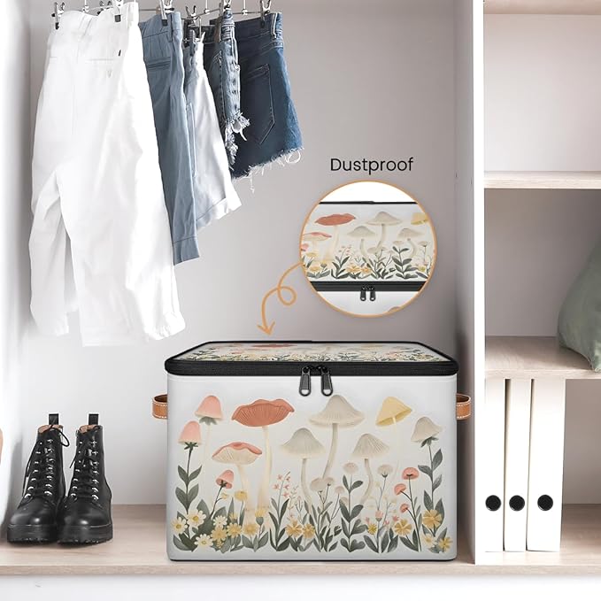 Mushroom Botanical Flower Plants Storage Bins With Lids Fabric Collapsible Storage Box with Leather Handles for Home Bedroom Foldable Closet Shelf Organizer