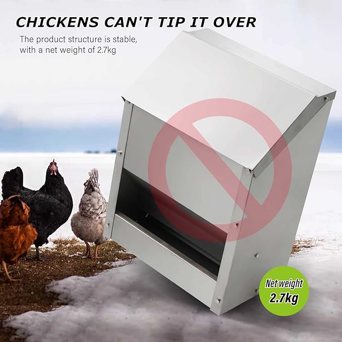 Stainless Steel Hanging Chicken Feeder with Lid No Waste Weatherproof Metal Automatic Poultry Feeder Wall Mount Outdoor Chicken Coop Food Dispenser Feeder for Chickens Ducks (25Lbs)