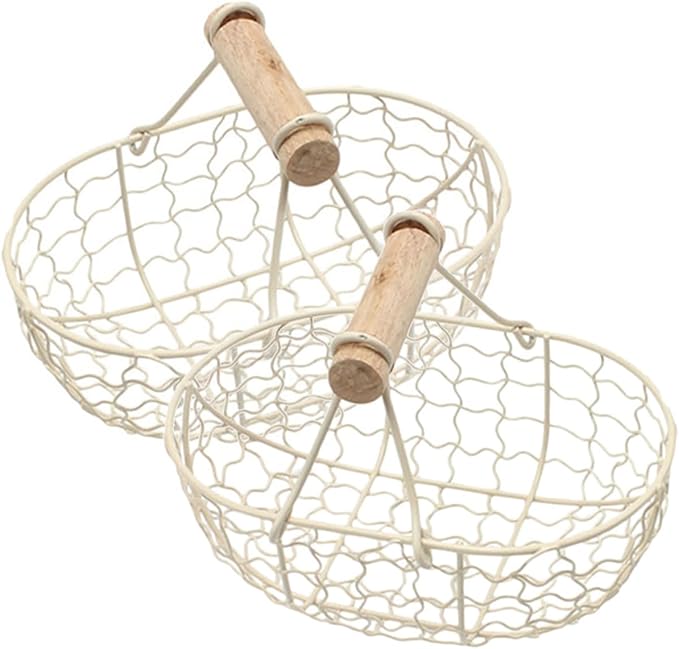 Luxshiny 2pcs White Iron Wire Mesh Basket with Wooden Handle, Farmhouse Style Fruit and Egg Storage Organizer for Kitchen Counter and Tabletop