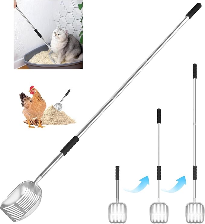 Cat Litter Scoop & Chicken Poop Scooper - Heavy Duty Stainless Steel Long Handle with Sifting Holes for Litter Box/Coop/Sand - Includes Poop Rake, (16.5-62.5")