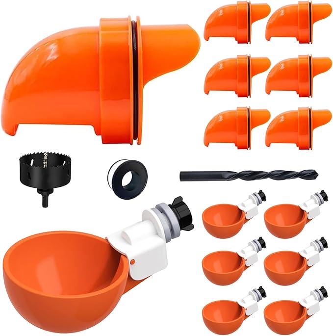 Chicken Feeder No Waste Automatic Poultry Feeder Ports, DIY Chicken Feeder and Waterer Set, 6 Ports and 6 Chicken Water Cups for Buckets, Barrels, Bins, Troughs