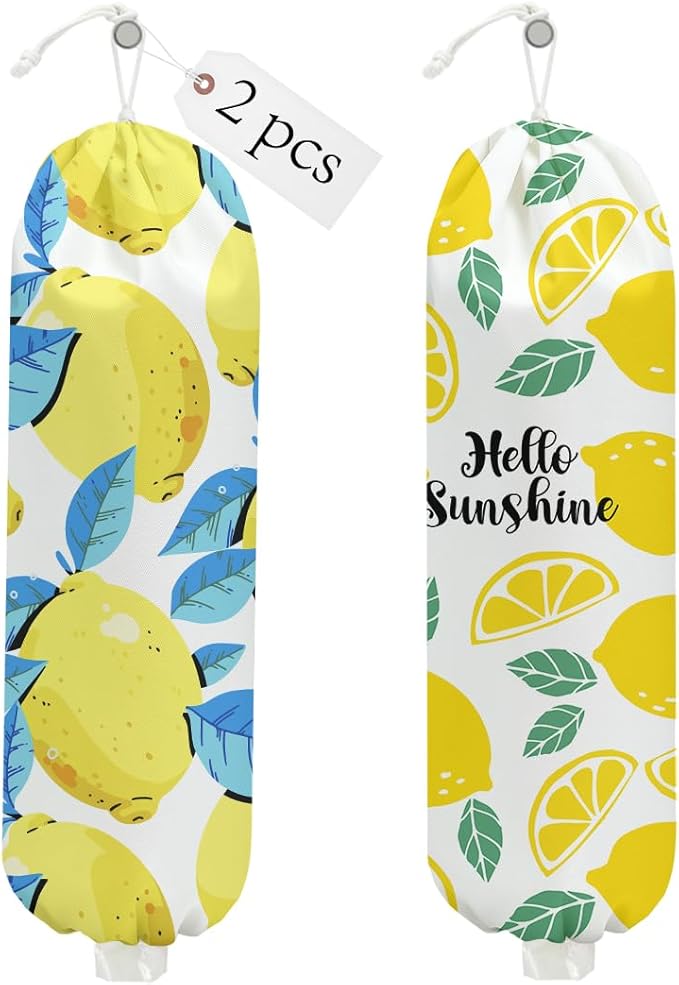 2PCS Lemon Plastic Bag Holder, Wall Mount Grocery Bag Holder for Plastic Storage bag, Lemon Storage Organizer Reusable Grocery Bags, Pull Rope Free Adjustment, Gifts for Women Mom Grandma