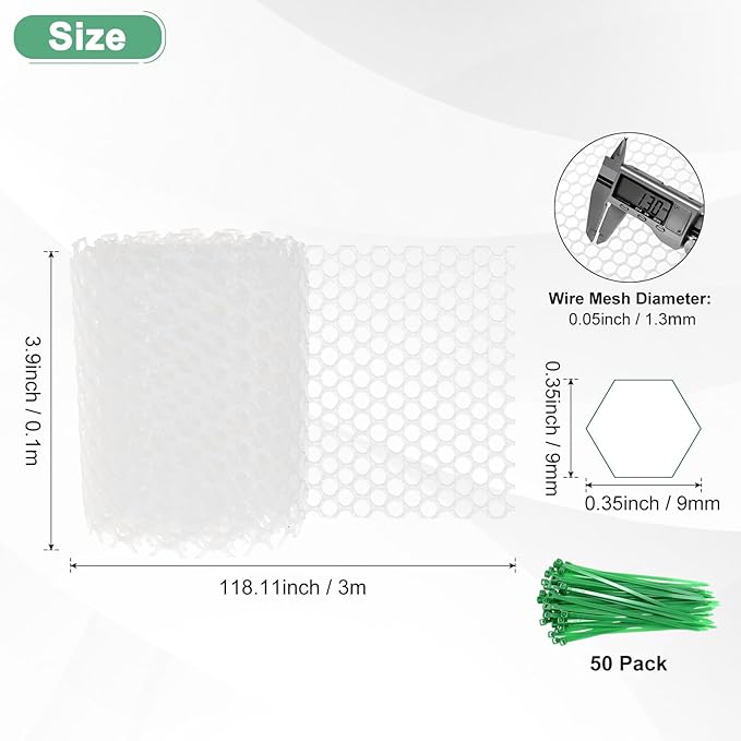 1-Pack Floral Chicken Wire Mesh, 3.9 in x 9.8 ft Plastic Hexagonal Chicken Wire Fencing with 50 Garden Ties for Crafts/Poultry Netting/Garden/Plant Protection [White]