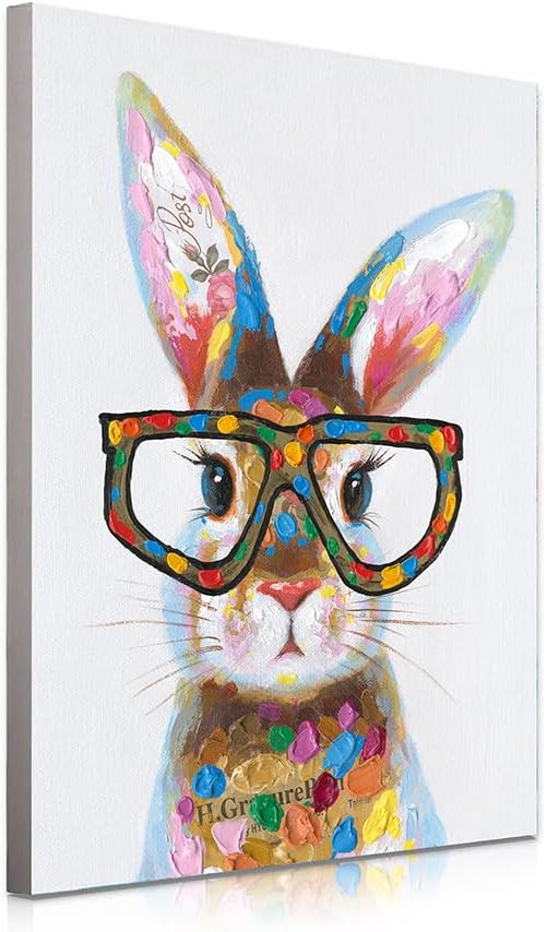 Yidepot Whimsical Colorful Rabbit Canvas Poster - Bunny Bedroom Wall Decor with Cute Glasses Pictures for Living Room 12"x16"