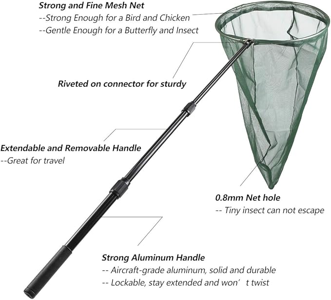 RESTCLOUD Professional Insect and Butterfly Net with 14" Stainless Ring, 26" Net Depth, Strong Aluminum Telescopic Handle Extends to 39", Full Extended to 53 Inches Green