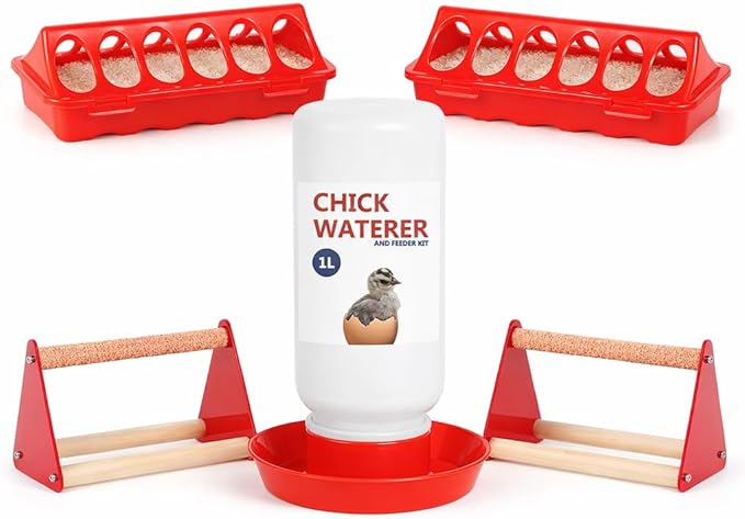 Chick Feeder and Waterer Set, 5 Pcs Baby Chicken Supplies with Chicks Feeder Trough, 1L Waterer and Perch, Chicken Starter Kit for Small Poultry Ducks Quail Brooder Coop