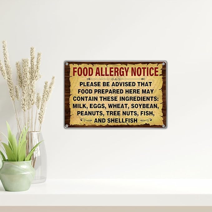 Food Allergy Notice Metal Sign 12 x 8 Inch Restaurant Cafe Kitchen Dining Area Canteen Wall Decor Safety Warning Signage For Preparation Areas Art Home Outdoor Vintage