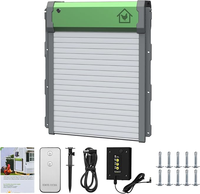 Ymiko Automatic Chicken Coop Door, Solar Powered Chicken Door with Timer Light Sensor Remote Control Manual Mode, with Anti Pinch Design for Poultry Safety