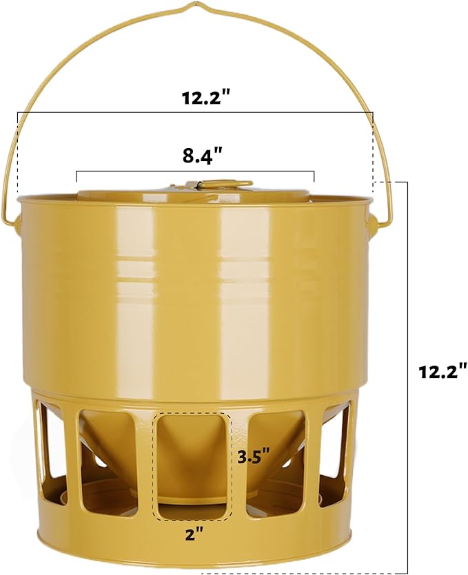 KOL Hanging Chicken Feeder – 20lbs Metal Chicken Feeder No Waste, Adjustable Poultry Feeder with 12 Ports, No Installation & Universal Height Design (Yellow)