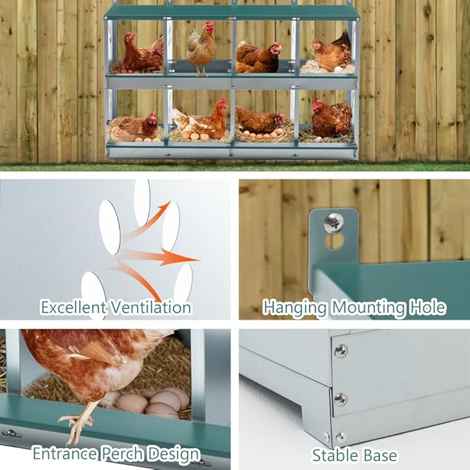 Green Chicken Nesting Box for Laying Eggs – Roll Away Poultry Nest, Durable & Easy-Clean Hen Egg Box for Coops, Secure & Comfortable (8-Hole,Green)