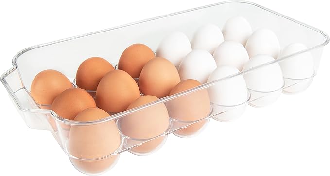 Kitchen Spaces Deluxe Egg Tray, Holds 18 Eggs, Refrigerator Storage Container with Lid, Stackable Fridge Organizer, Crush-Proof, BPA-Free, Clear