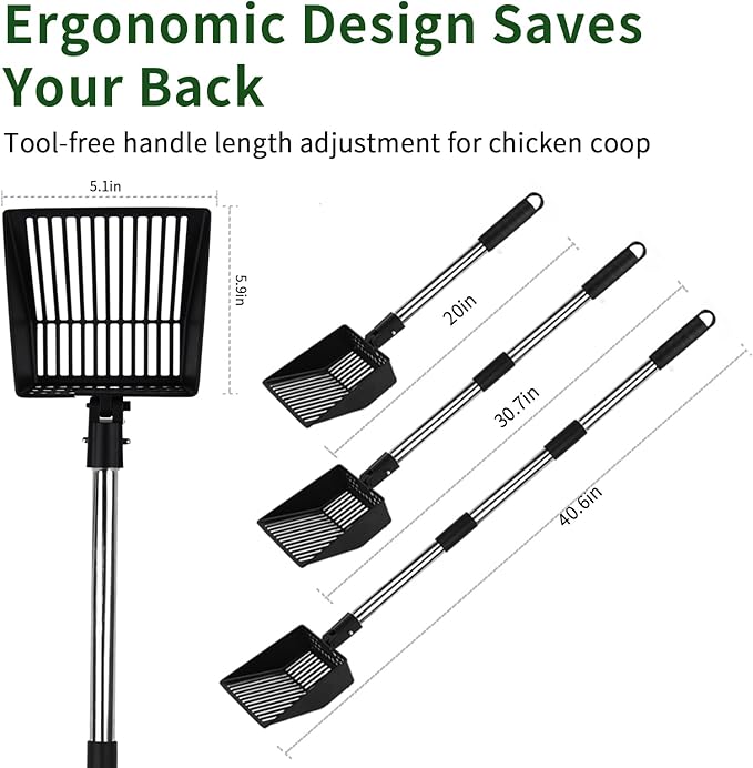 Owfeel Chicken Poop Scooper, 20 to 40.6" Long Chicken Coop Cleaning Tools with Stainless Steel Handle, 3 in 1 Multifunctional Stretchable Heavy-Duty Litter Sifting Shovel Chicken Coop Accessories