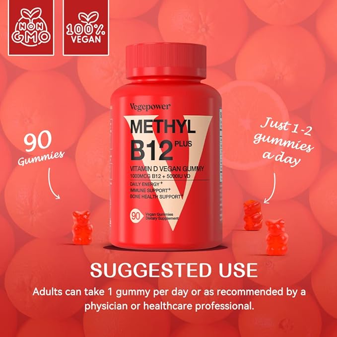Vitamin B12 1000 mcg Gummies for Adults - Vegan Methyl B12 & D3 5000 IU Vitamin Gummy Supplements for Women - Supports Bone Health & Energy Boost - Non-GMO, Orange Flavor 180 Bears