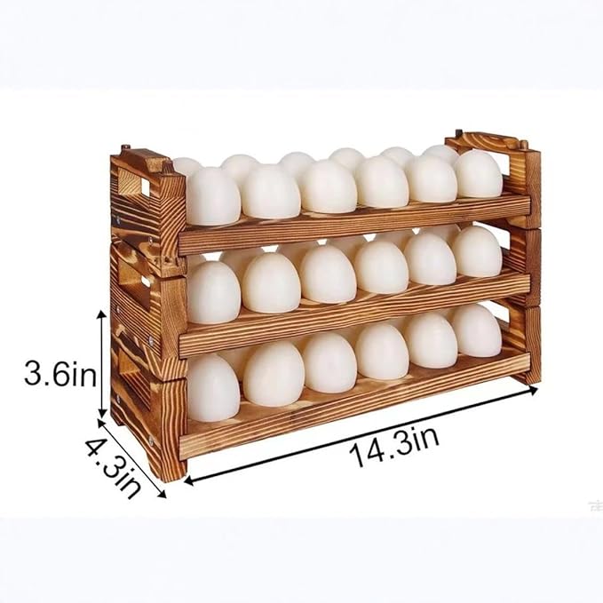 Wooden Egg Holder Countertop, 3 Layer Stackable Fresh Egg Display Storage Rack Organizer Farmhouse Egg Storage Basket with Handles Fits Duck, Turkey, Chicken Eggs